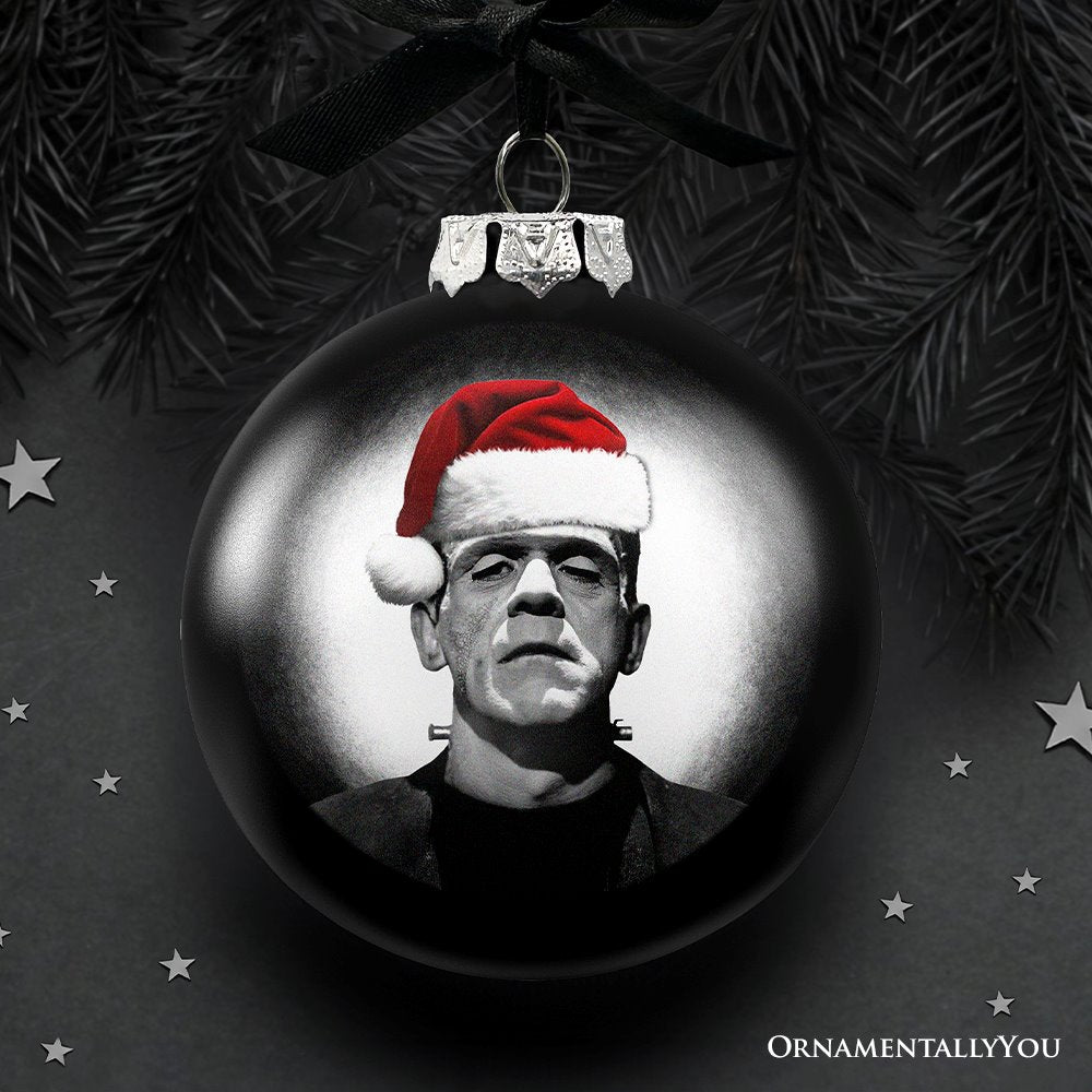 Frankenstein Christmas Spooky Portrait Glass Ornament, Black Horror Halloween Tree Decoration