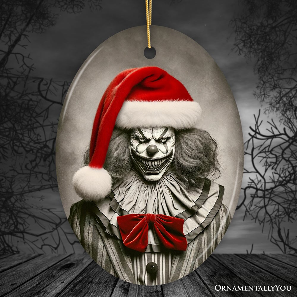 Frightening Clown with Santa Hat Ornament, Terrifying Holiday Keepsake for Spooky Tree Decor