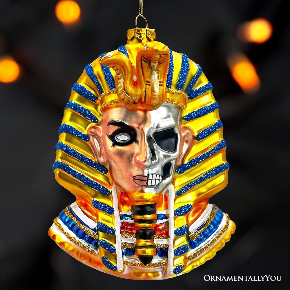 Evil Egyptian Pharoah Half Skull Head Glass Ornament, Gothic Halloween Tree Decor