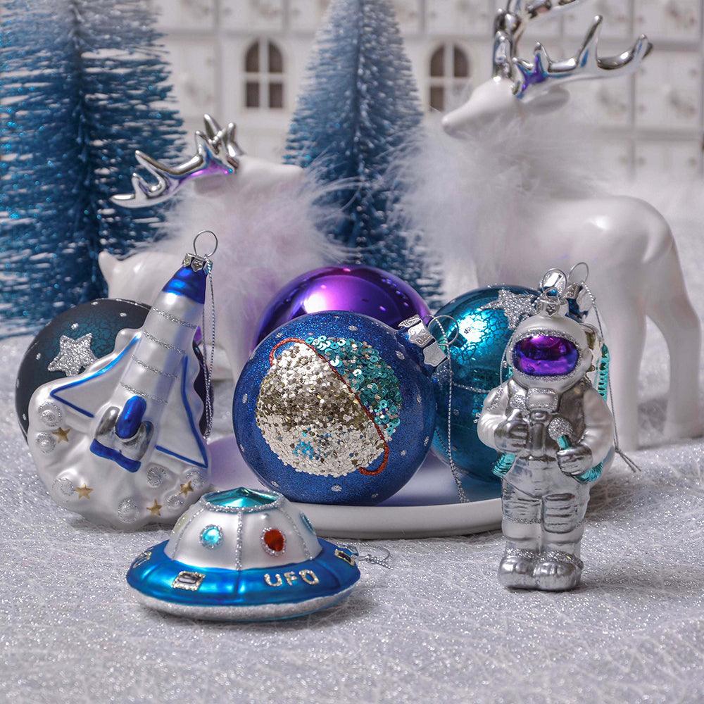 Galactic Space Theme Glass Ornament Bundle, Purple Star Pattern Baubles, Astronaut, Spaceship, and UFO Decorations