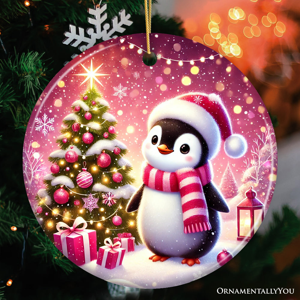 Glistening Winter Penguin Pink Themed Ornament, Adorable Arctic Christmas Gift and Decor
