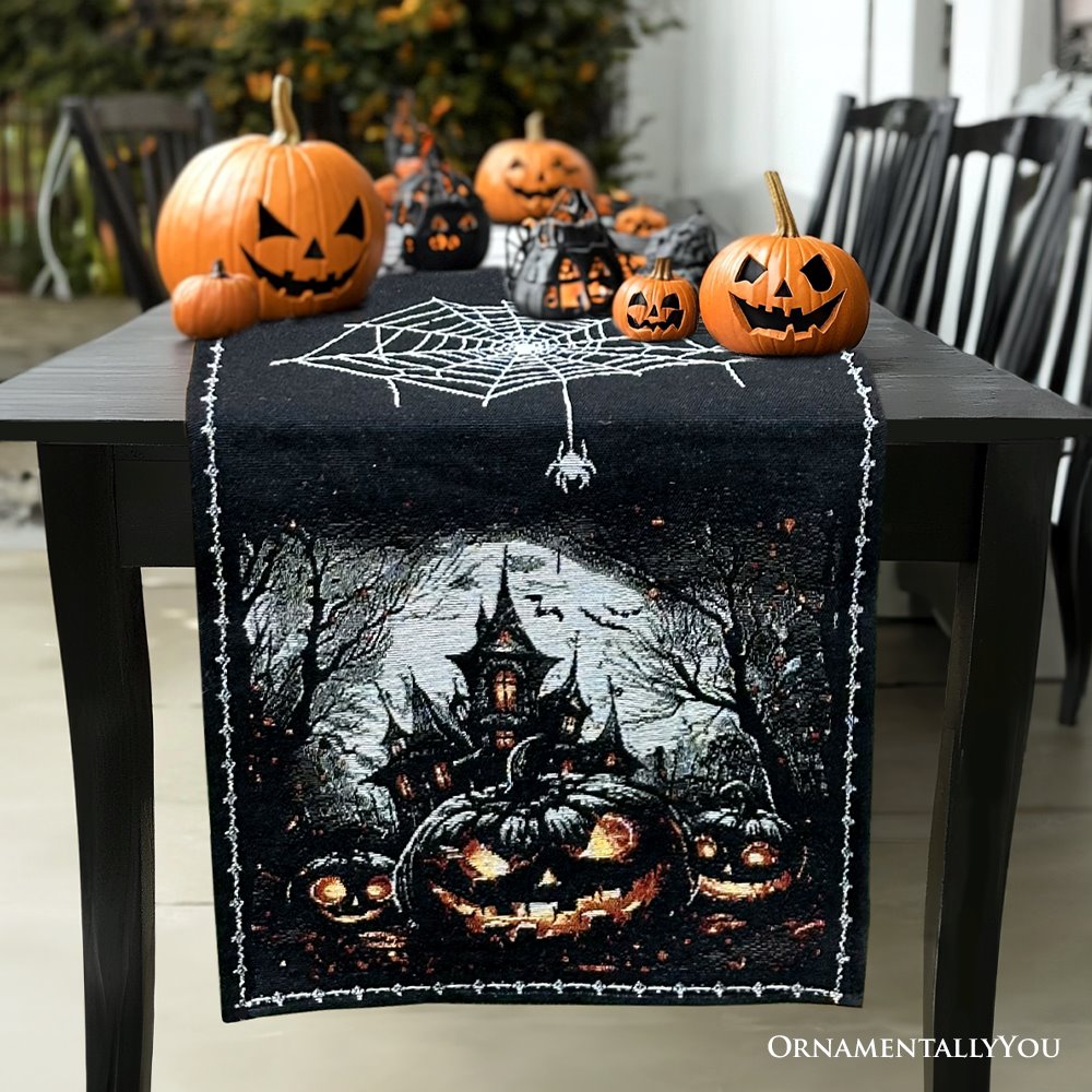 Haunted Horrors 72" Table Runner, Jacquard Halloween Home Black Tablecloth Decoration with Pumpkins and Spiderwebs