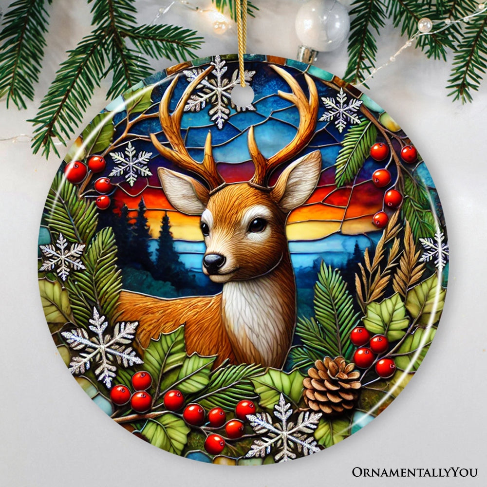 Majestic Winter Deer in Holly Branches Ornament, Enchanting Holiday Wonderland for Christmas Tree Decor
