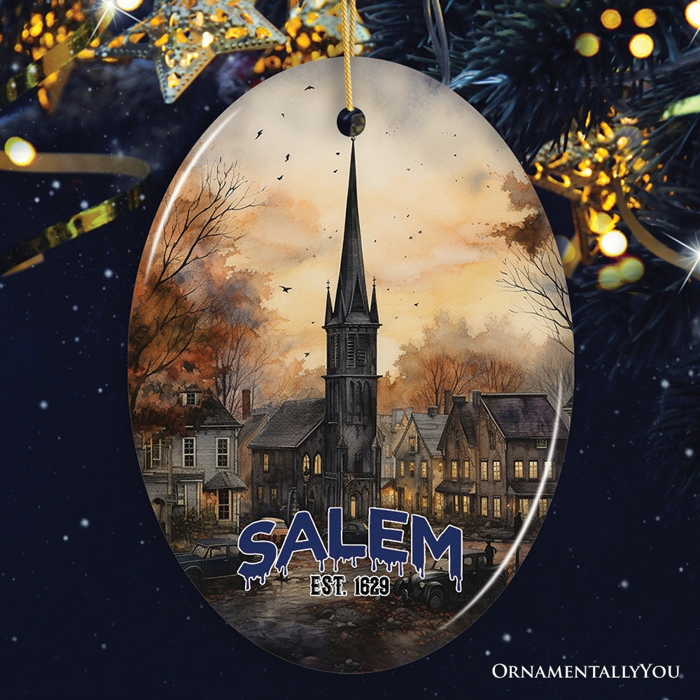 Mysterious Salem Watercolor Fall Art Ornament, Massachusetts Souvenir and Gift