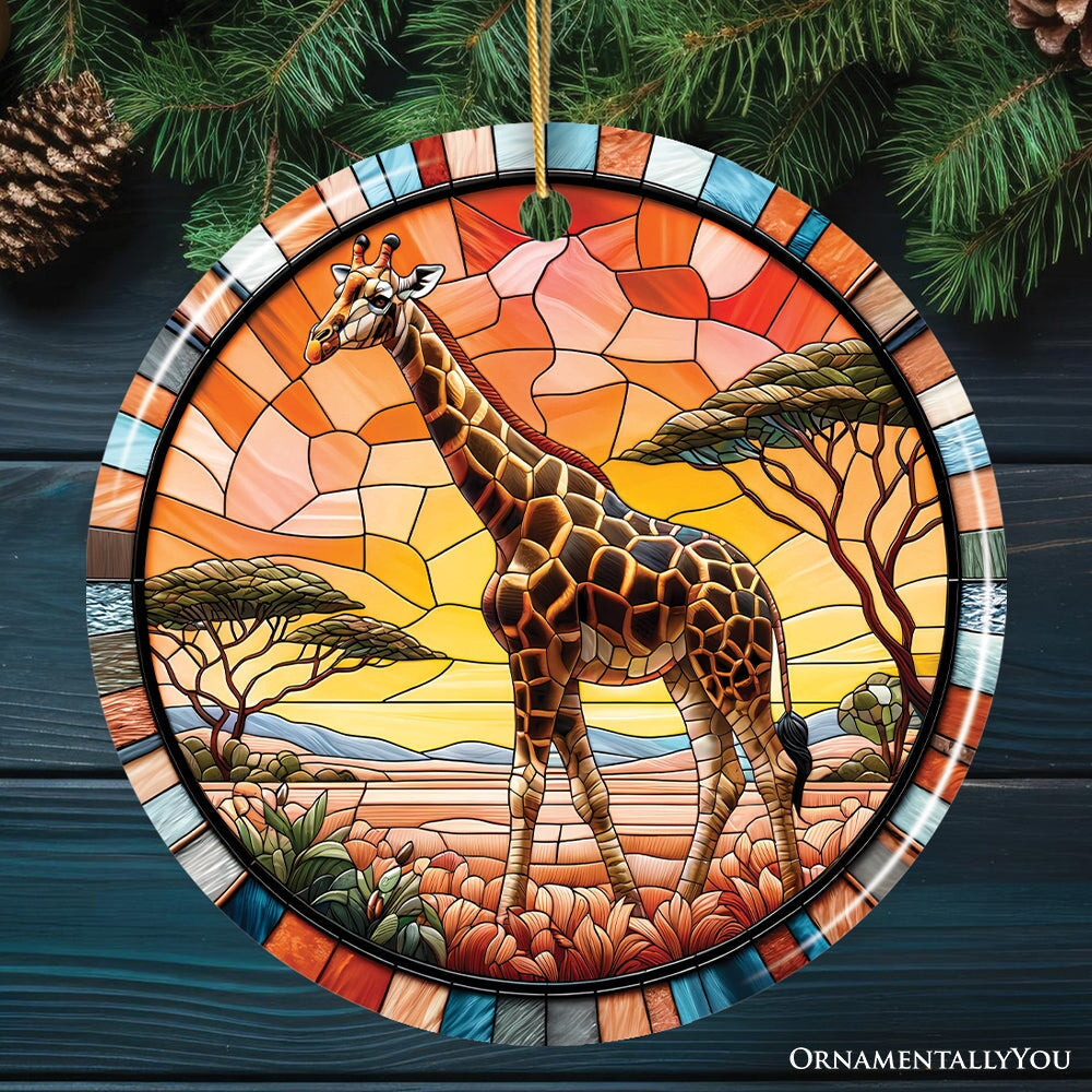 Serengeti Splendor Giraffe Stained Glass Style Ceramic Ornament, Safari Animals Christmas Gift and Decor