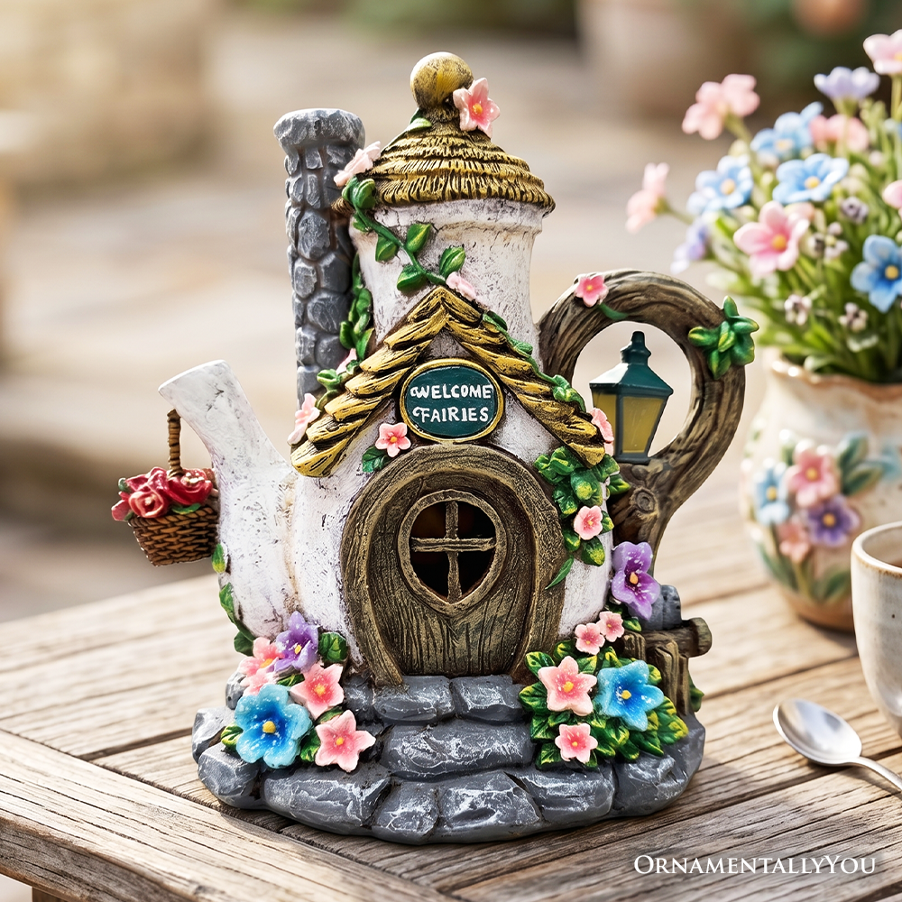 Solar Fairy Tea Pot House Garden Statue, 8" Lighted Mushroom Cottage Figurine Outdoor Decor