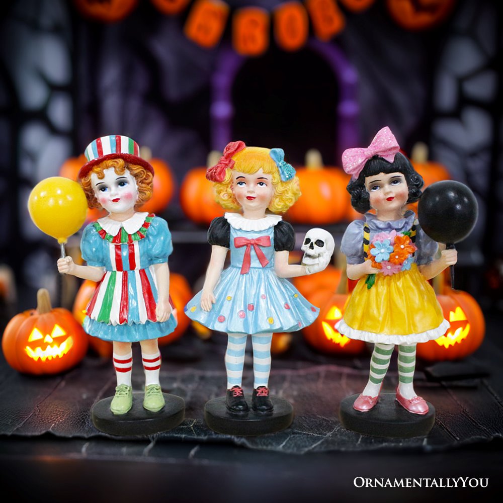 Spooky Victorian Masquerade Girl Trio, 6" Trick or Treat Clown Figurines and Hauntingly Elegant Halloween Decor
