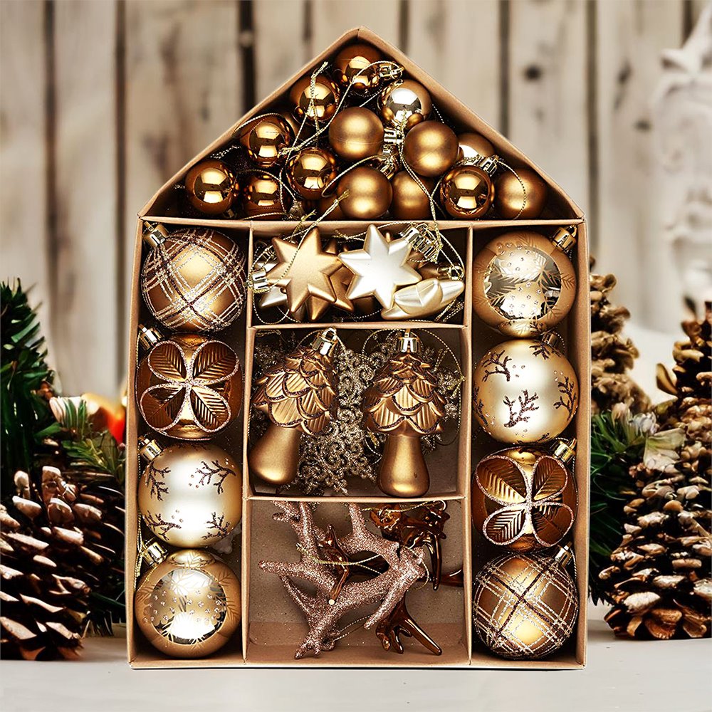 Vintage Woodland Ornament Large Bauble Set, 70 Ornaments with Woods Theme, Brown and Beige Colors