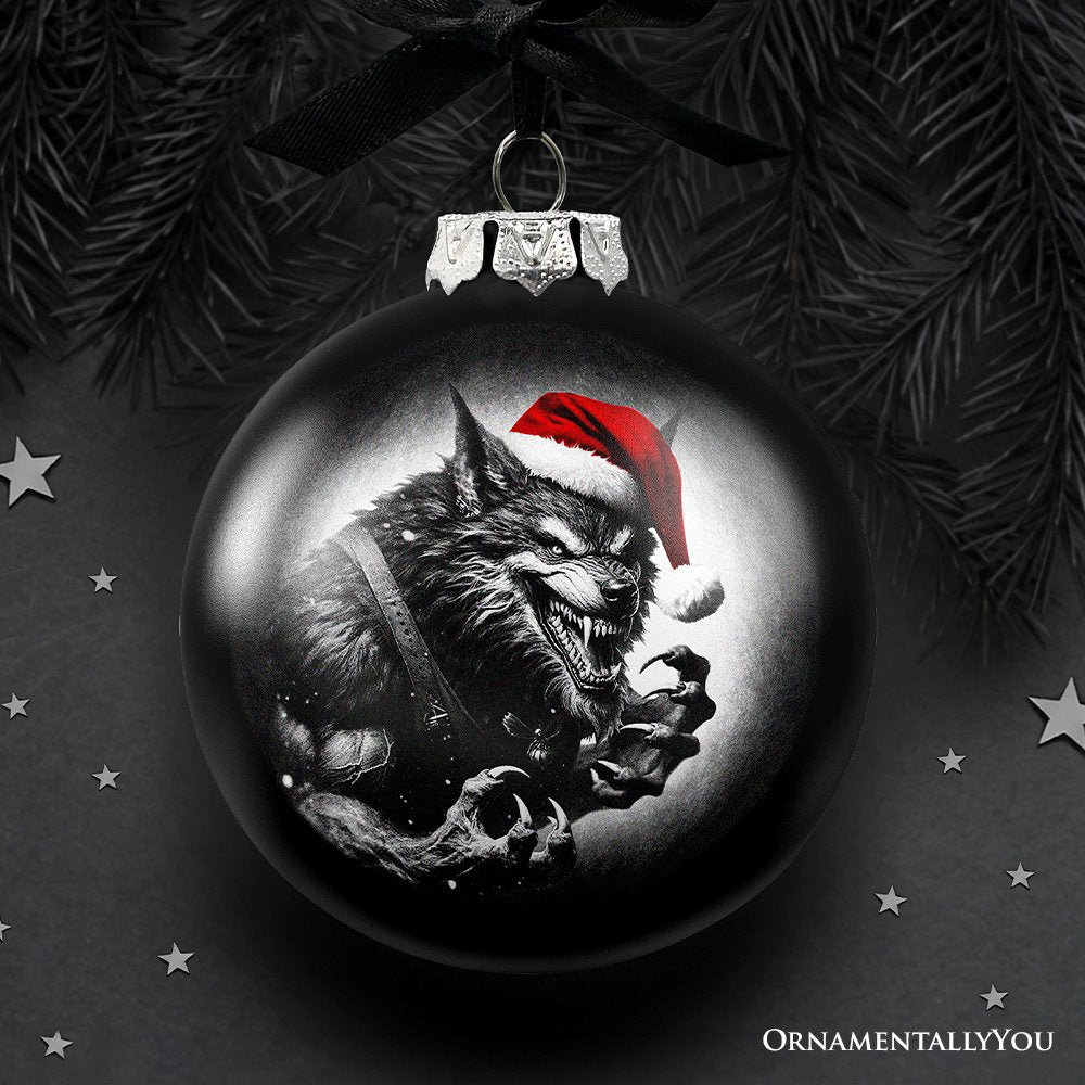 Werewolf Christmas Spooky Portrait Glass Ornament, Black Horror Halloween Tree Decoration