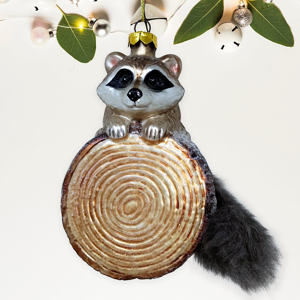 Woodland Raccoon Glass Christmas Ornament