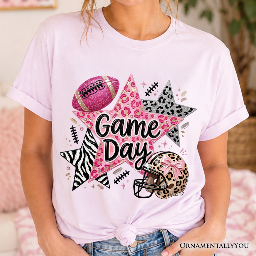 Leopard Pink Stars Football T-Shirt, Coquette Game Day Tee