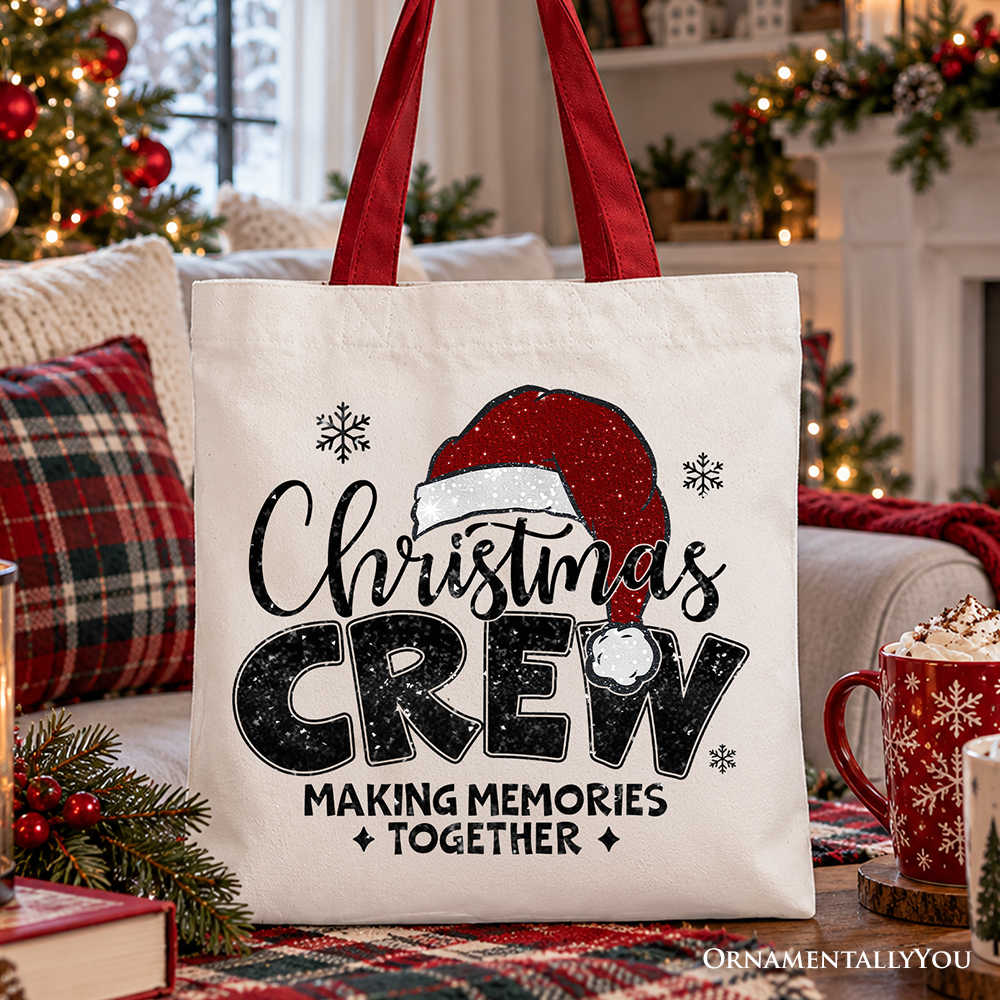 Christmas Crew Tote Bag, Glitter Santa Hat Gift Shopper for Making Memories
