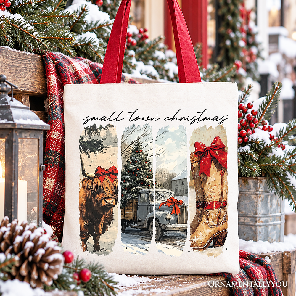 Small Town Christmas Tote Bag, Highland Cow Rustic Western Cowgirl Holiday Gift Shopper
