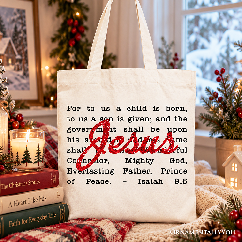 Jesus Christmas Bible Verse Tote Bag, Isaiah 9:6 Gift Shopper for Faithful Believers
