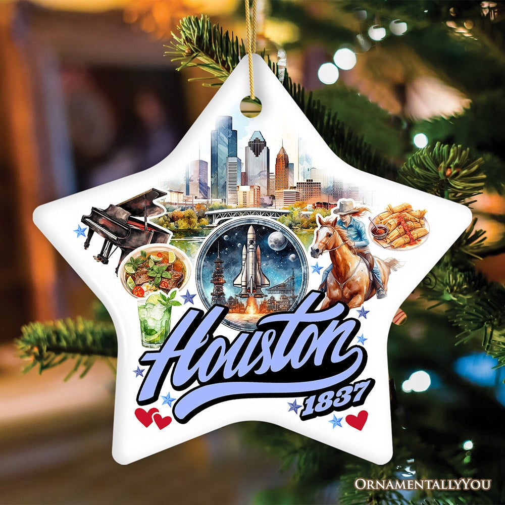 Artistic Houston Ceramic Ornament, Texas Souvenir with Vintage City Elements and Space Shuttle