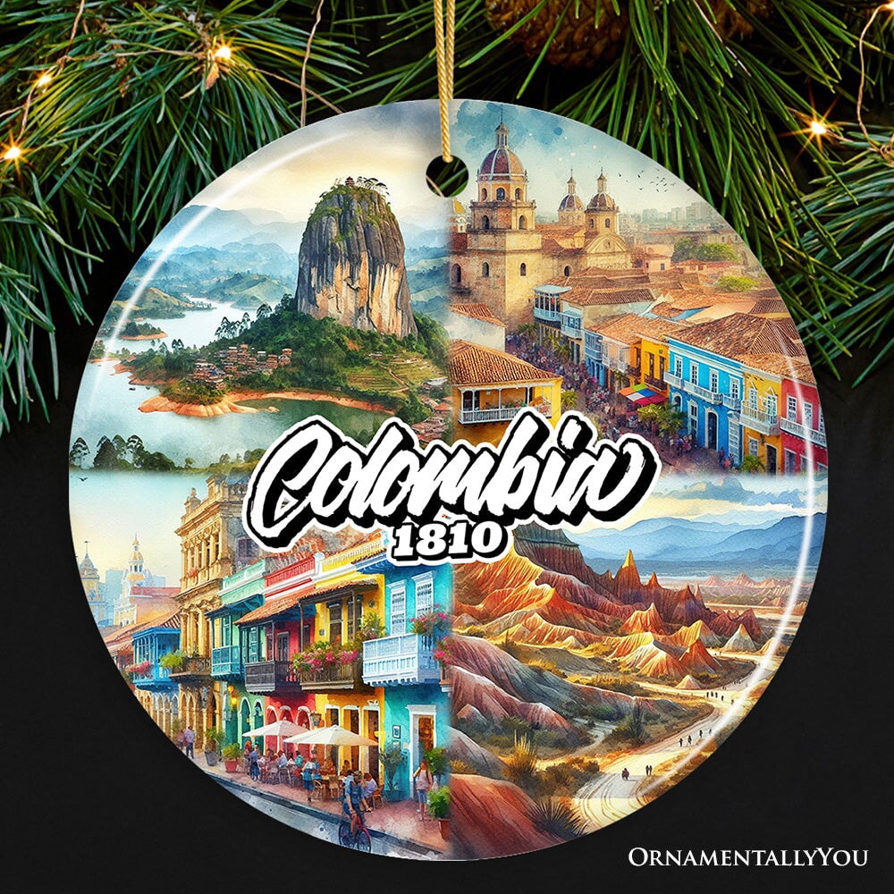 Colorful Colombia Culture and Landmarks Christmas Ornament, Latin American Heritage Gift and Bogota Souvenir