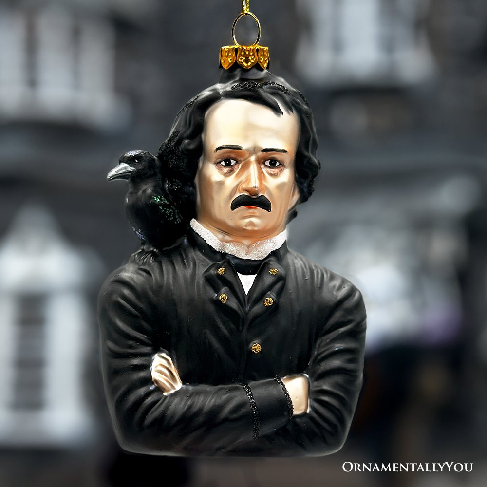 Edgar Allan Poe Glass Christmas Ornament, Spooky Halloween Horror Decor