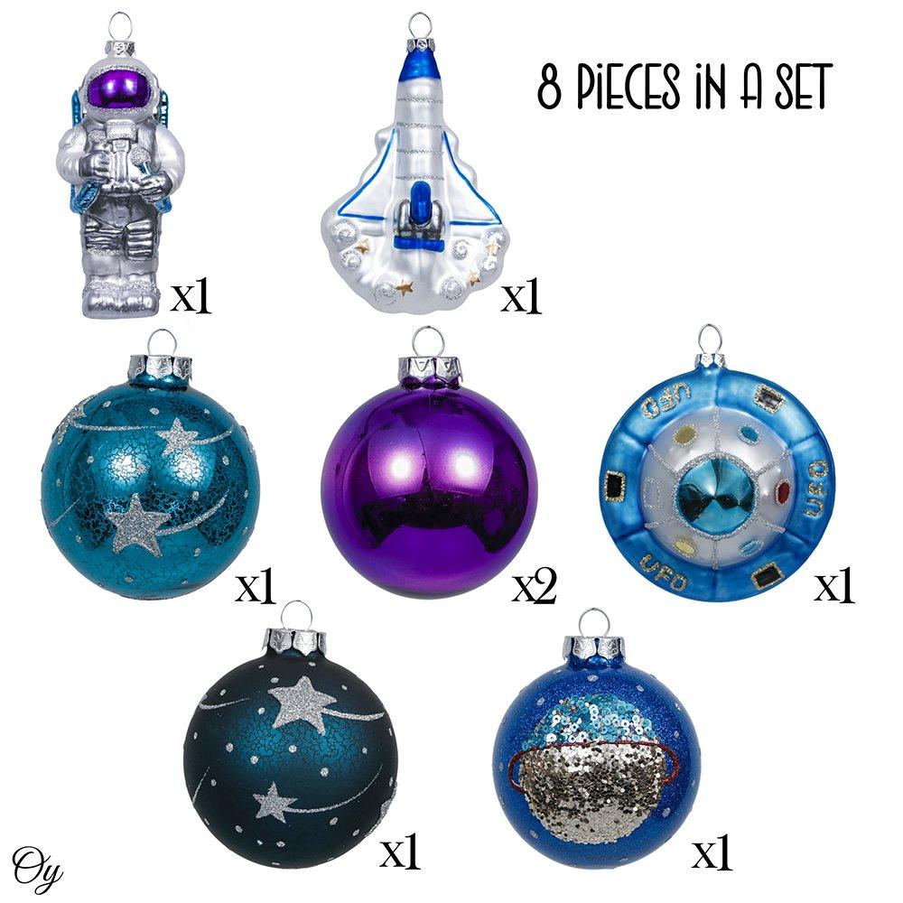 Galactic Space Theme Glass Ornament Bundle, Purple Star Pattern Baubles, Astronaut, Spaceship, and UFO Decorations