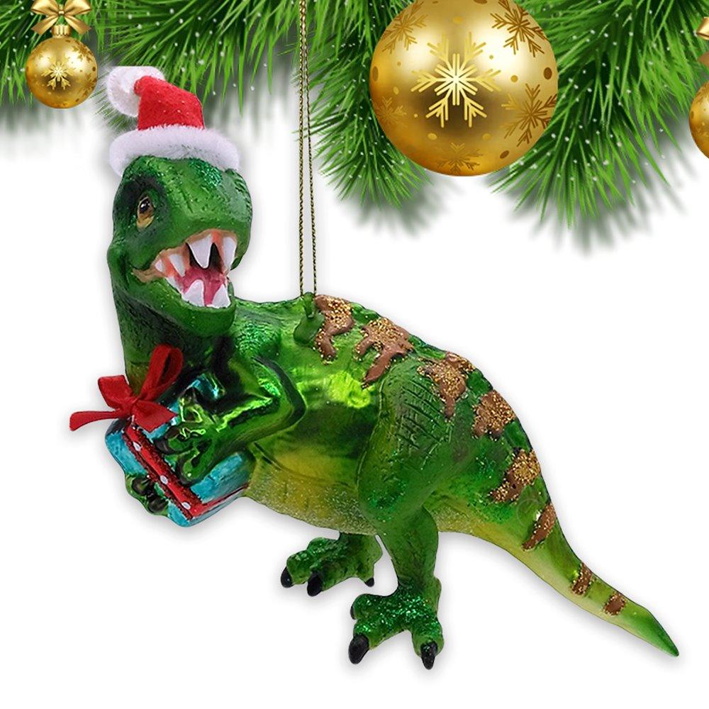 Green Christmas T-Rex Glass Ornament