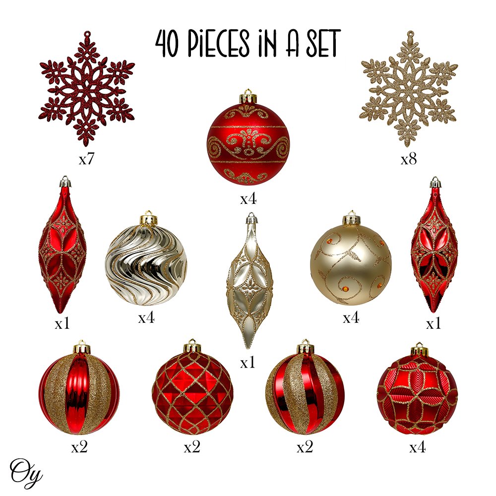 Red and Gold Glitter Luxury Shatterproof Christmas Ornament Bauble Set