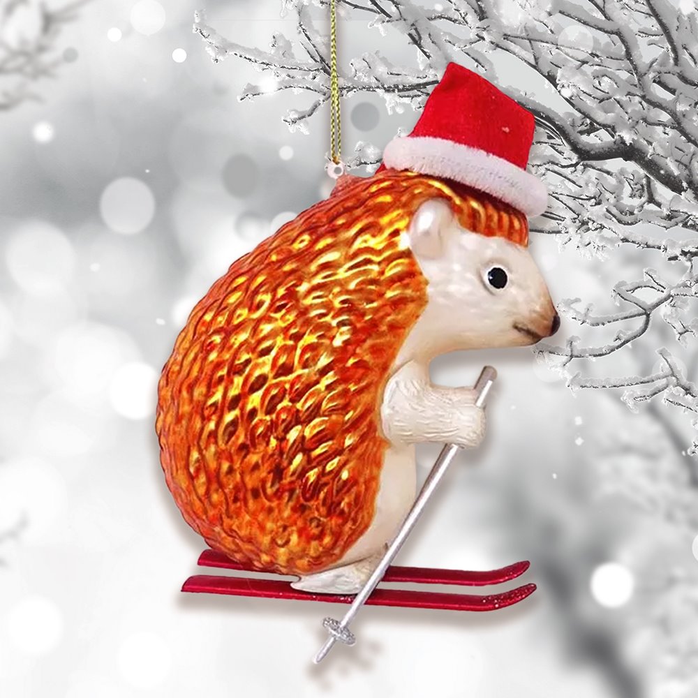 Skiing Hedgehog Christmas Glass Ornament