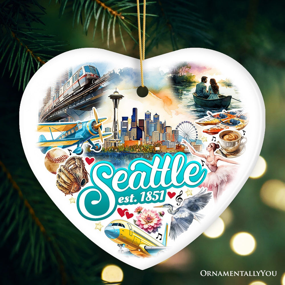 Unique Seattle Watercolor Ceramic Ornament, Washington State Souvenir and Christmas Decor