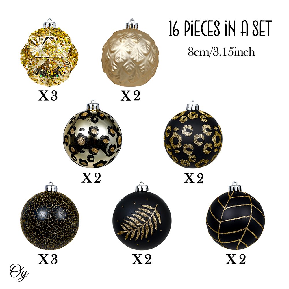 Vogue Black and Gold Ornament Set, Stylish Tree Set of 16 Glittery Baubles