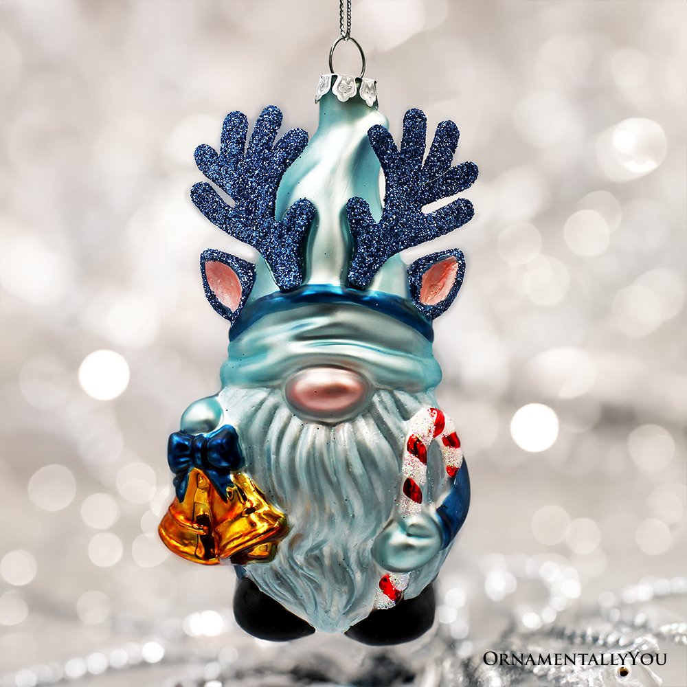(Pre-Order) Charming Blue Gnome with Antlers Glass Christmas Ornament