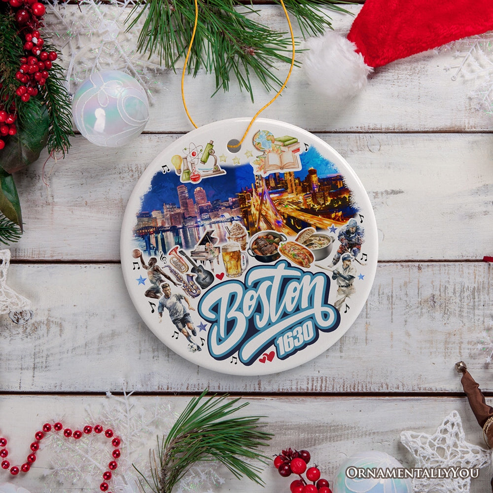 Vibrant Boston City Ceramic Art Ornament, Vintage Massachusetts Souvenir and Christmas Decor