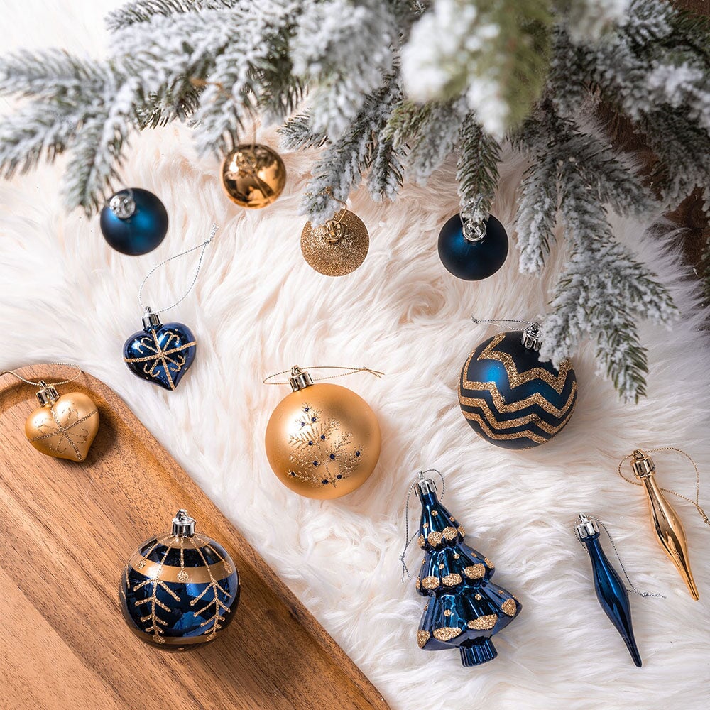 Glam and Glittered Gold and Blue Elegant Christmas Ornament Set, 70 Assorted Balls, Trees, Snowflakes, and Royal Heart Pendants