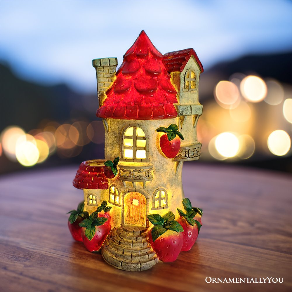 Solar Powered Strawberry Fairy Home Garden Statue, 10" Unique Spring Decoration