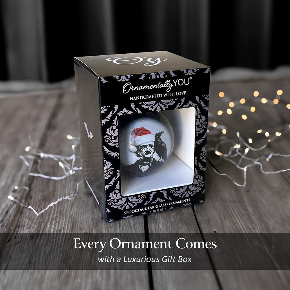 Edgar Allan Poe Spooky Christmas Portrait Glass Ornament, Black Horror Halloween Tree Decoration