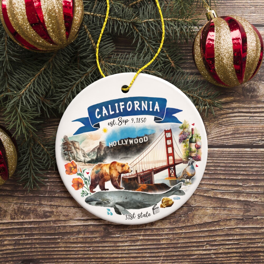 Artistic California State Themes and Landmarks Christmas Ornament