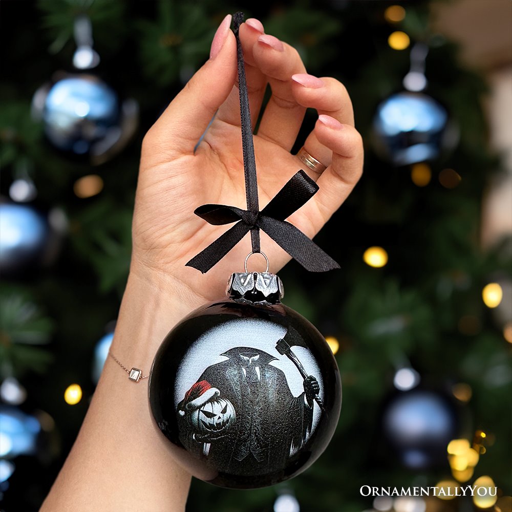 Headless Horseman Spooky Portrait Glass Christmas Ornament, Black Horror Halloween Tree Decoration