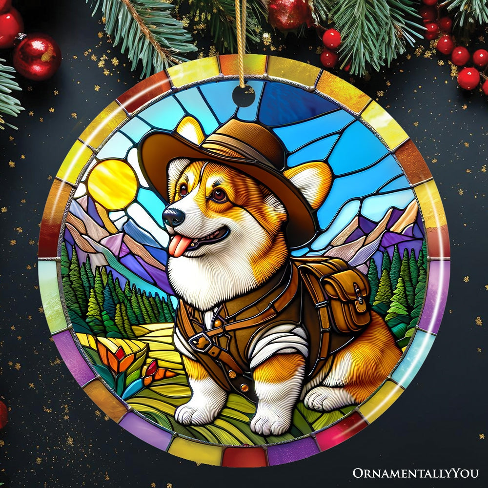 Corgi Adventurer Stained Glass Style Ceramic Ornament, Adorable Christmas Gift and Decor