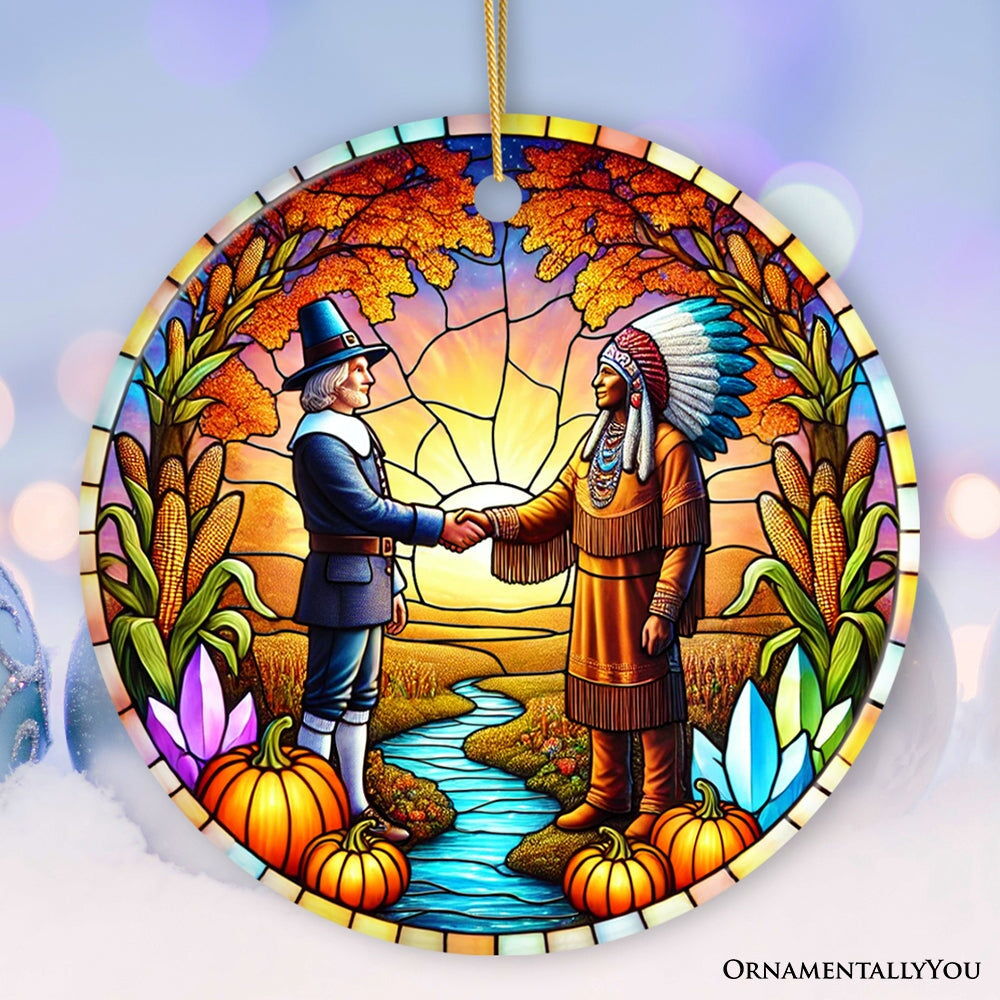 Pilgrim and Native American Chief Harmonious Unity Ornament, Vibrant Harvest Celebration Keepsake
