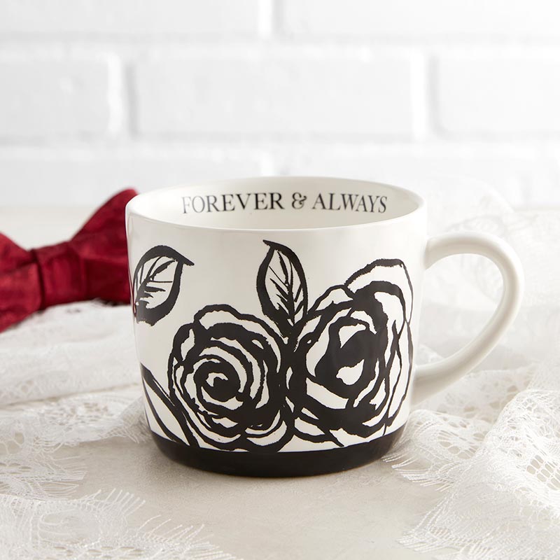 Forever & Always Mug in White with Black Floral Artwork | Giftable Coffee Tea Cup | 15oz