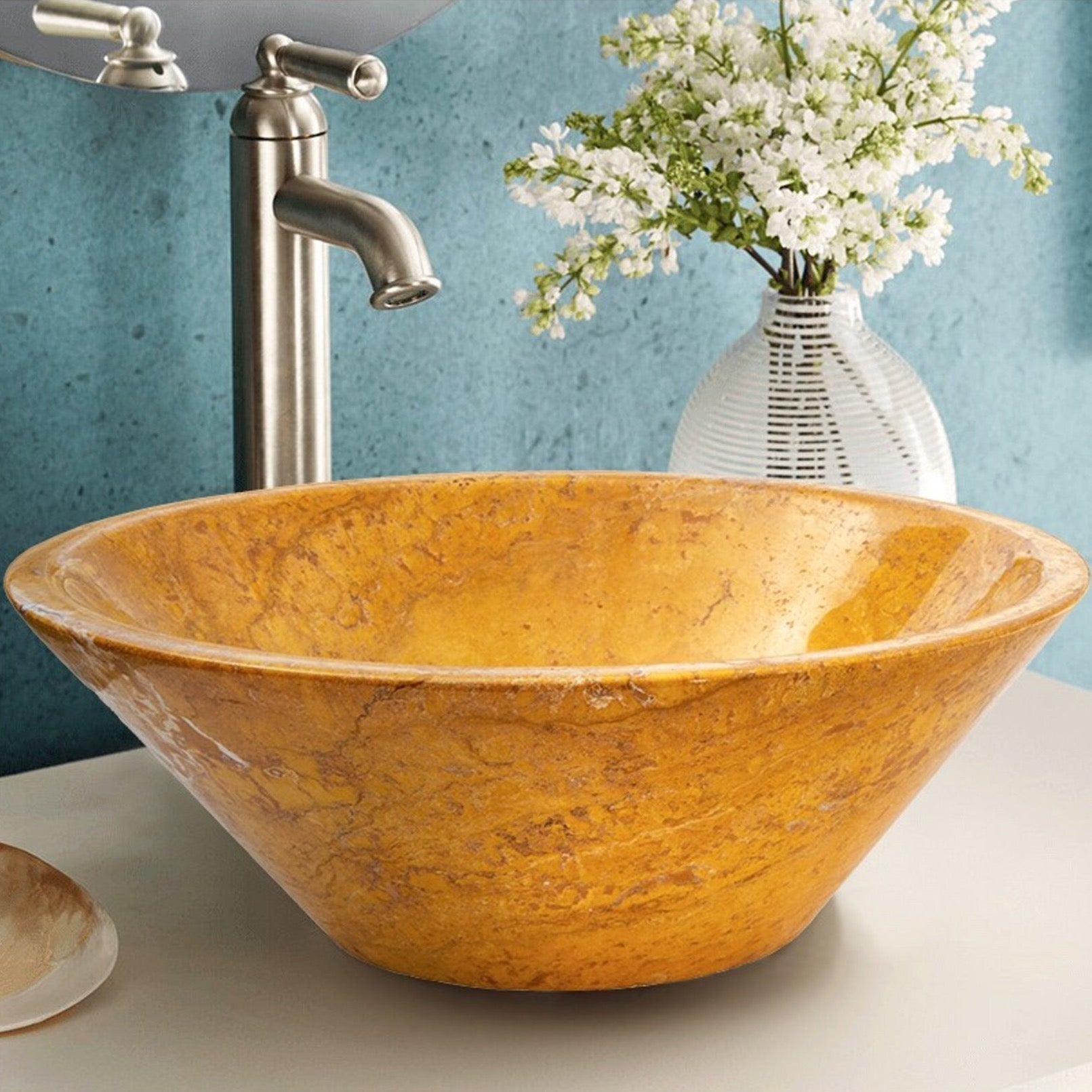 Golden Sienna Travertine V-Shape Tapered Above Vanity Bathroom Sink Polished