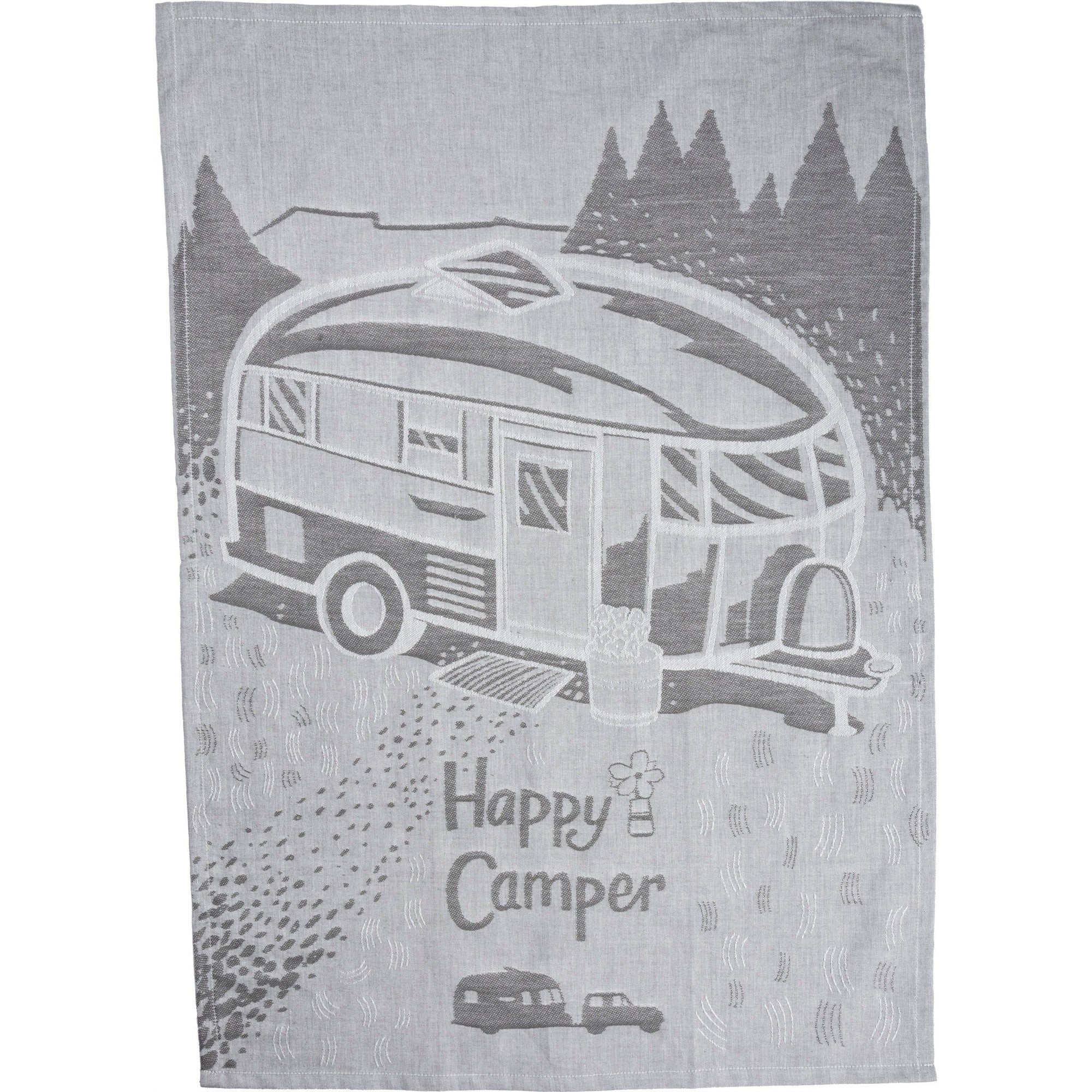 Happy Camper Woven Dish Cloth Towel | Novelty Tea Towels | Cute Kitchen Hand Towel | 20" x 28"