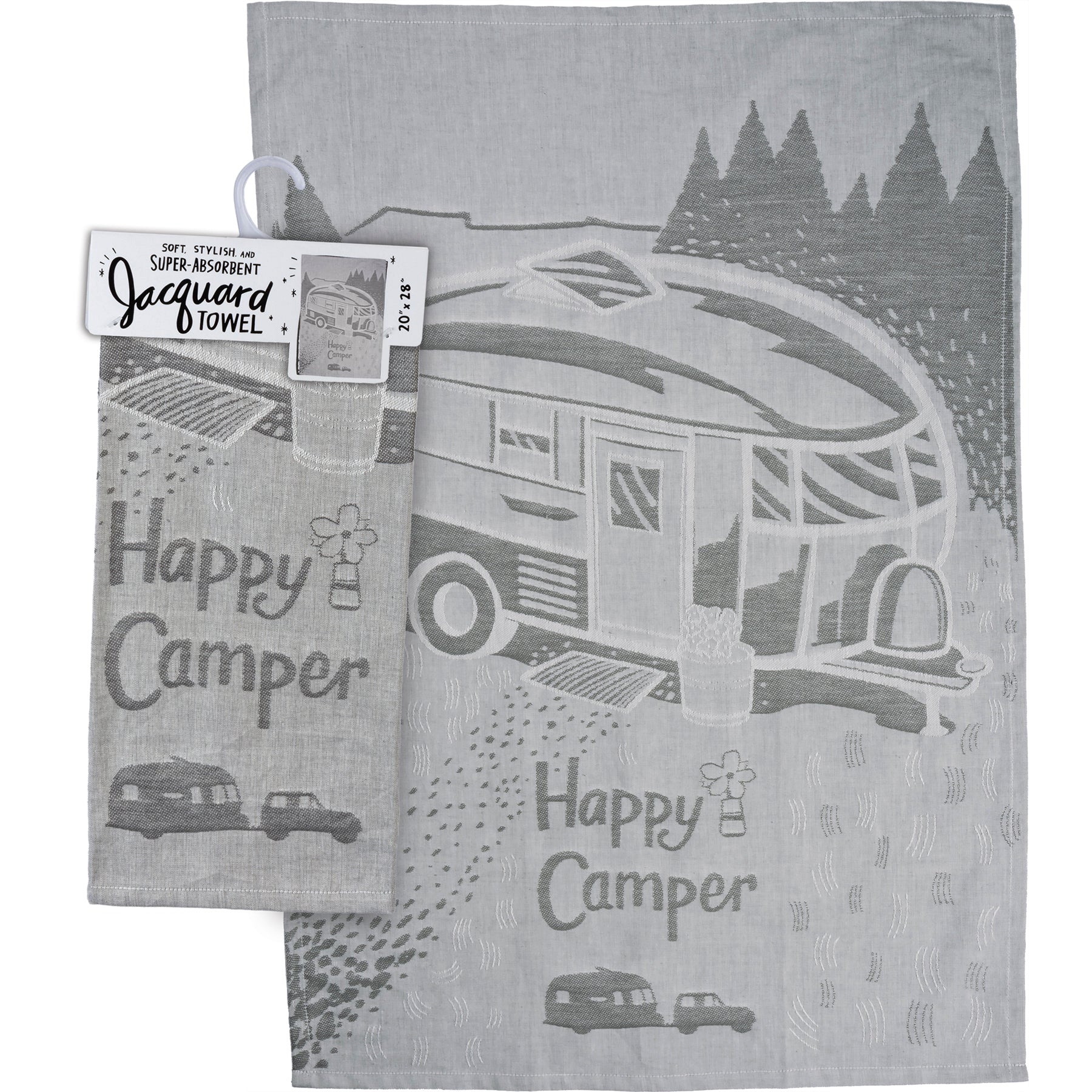 Happy Camper Woven Dish Cloth Towel | Novelty Tea Towels | Cute Kitchen Hand Towel | 20" x 28"