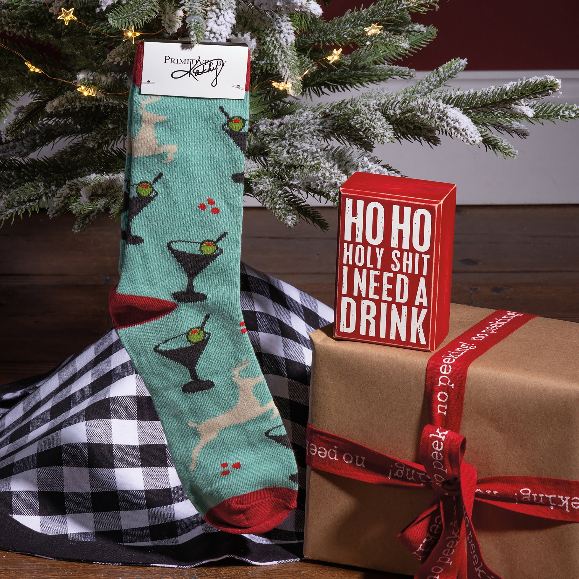 Ho Ho Holy Shit I Need A Drink Box Sign And Sock Giftable Set | Holiday Gift Set