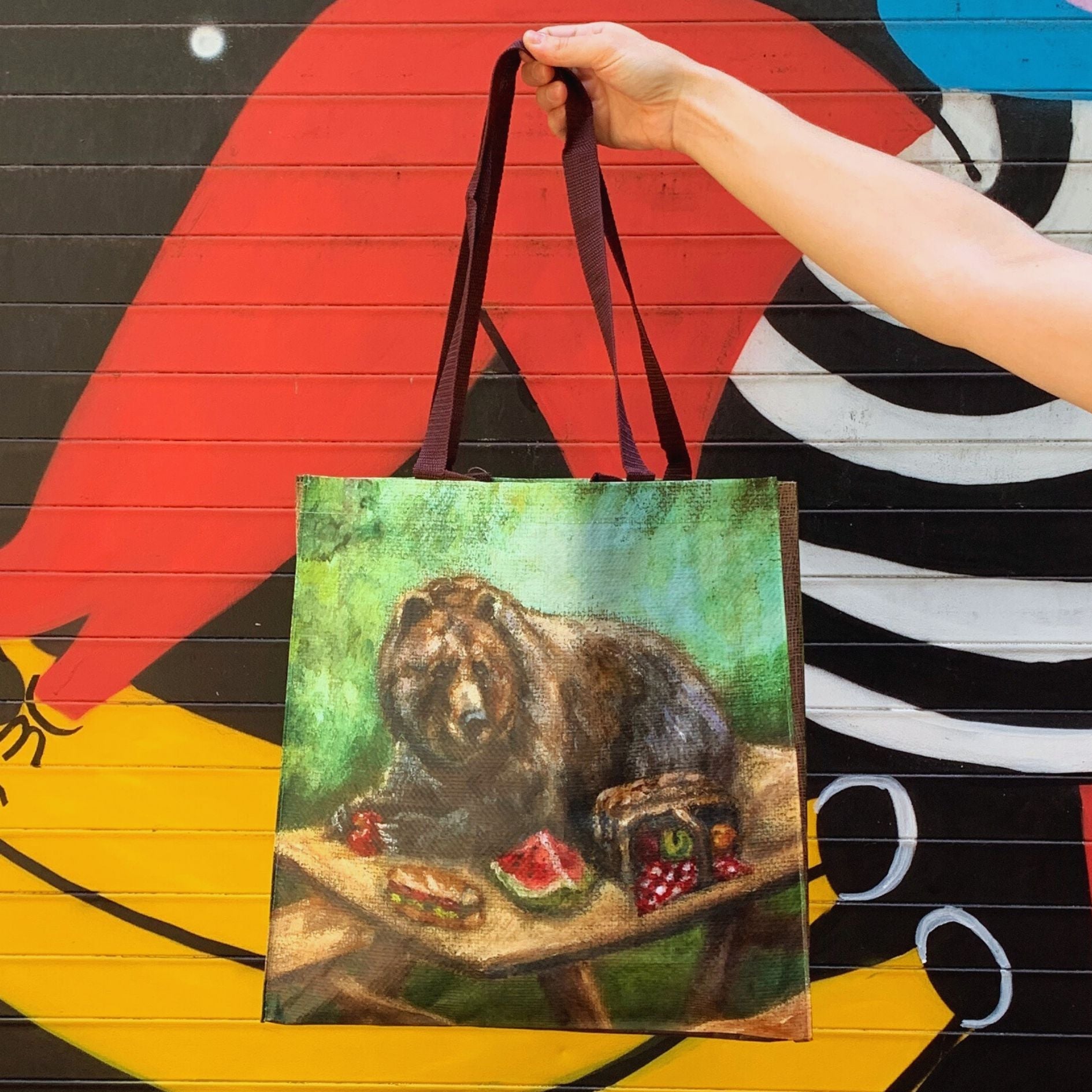 I CHOOSE THE BEAR Bear at a Picnic Table Double-Sided Market Tote | Post-Consumer Material Carry-all Shopping Bag