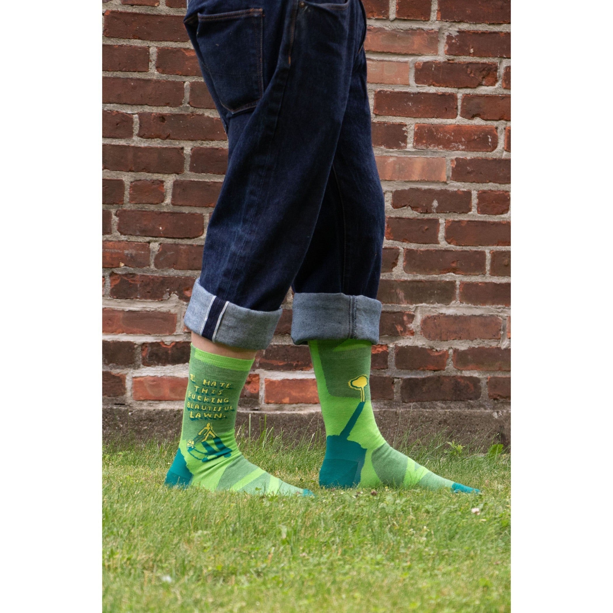 I Hate This Fucking Beautiful Lawn Men's Crew Socks in Green | BlueQ at GetBullish