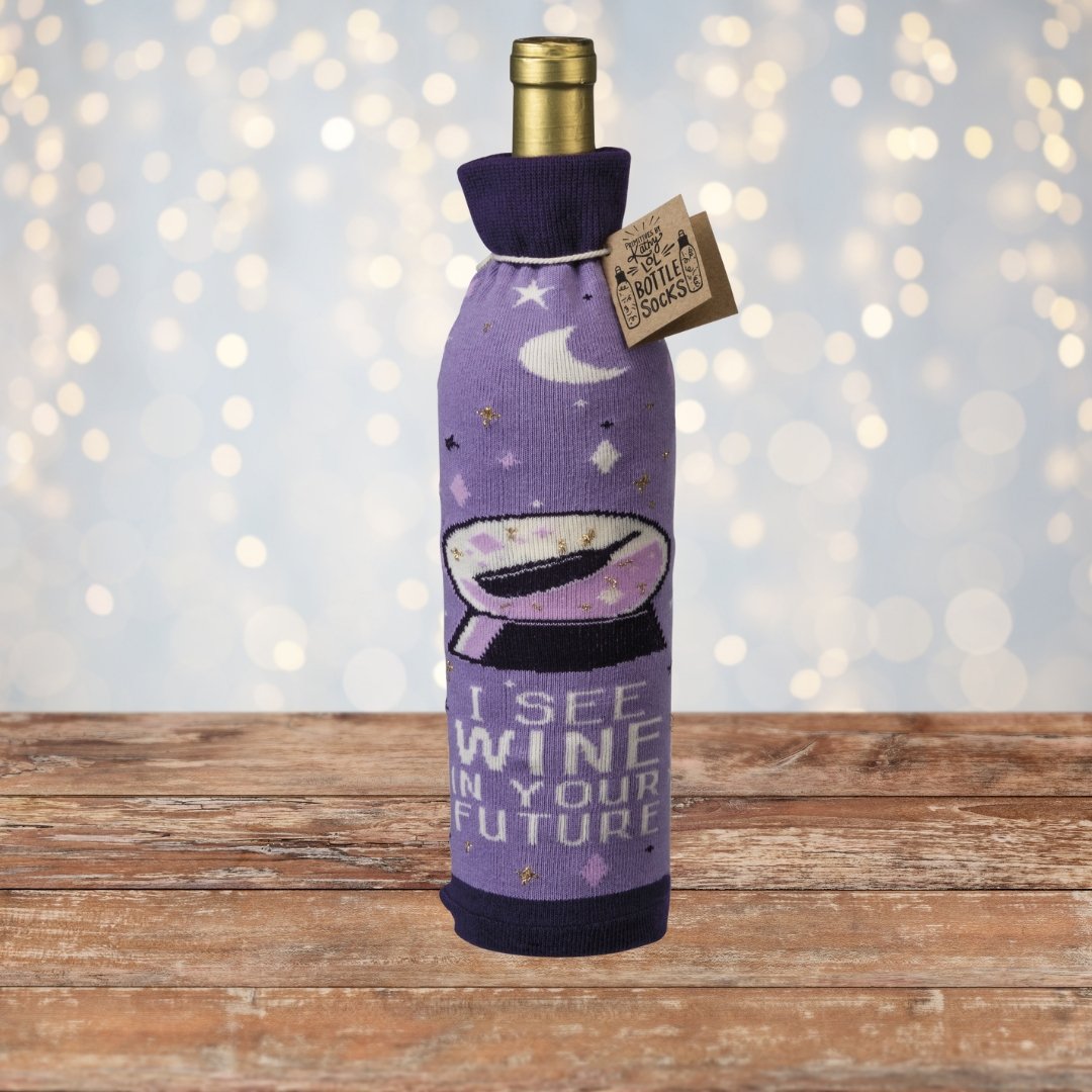 I See Wine In Your Future Knit Bottle Sock in Purple | Reusable Gift Bag for Gifting Wine