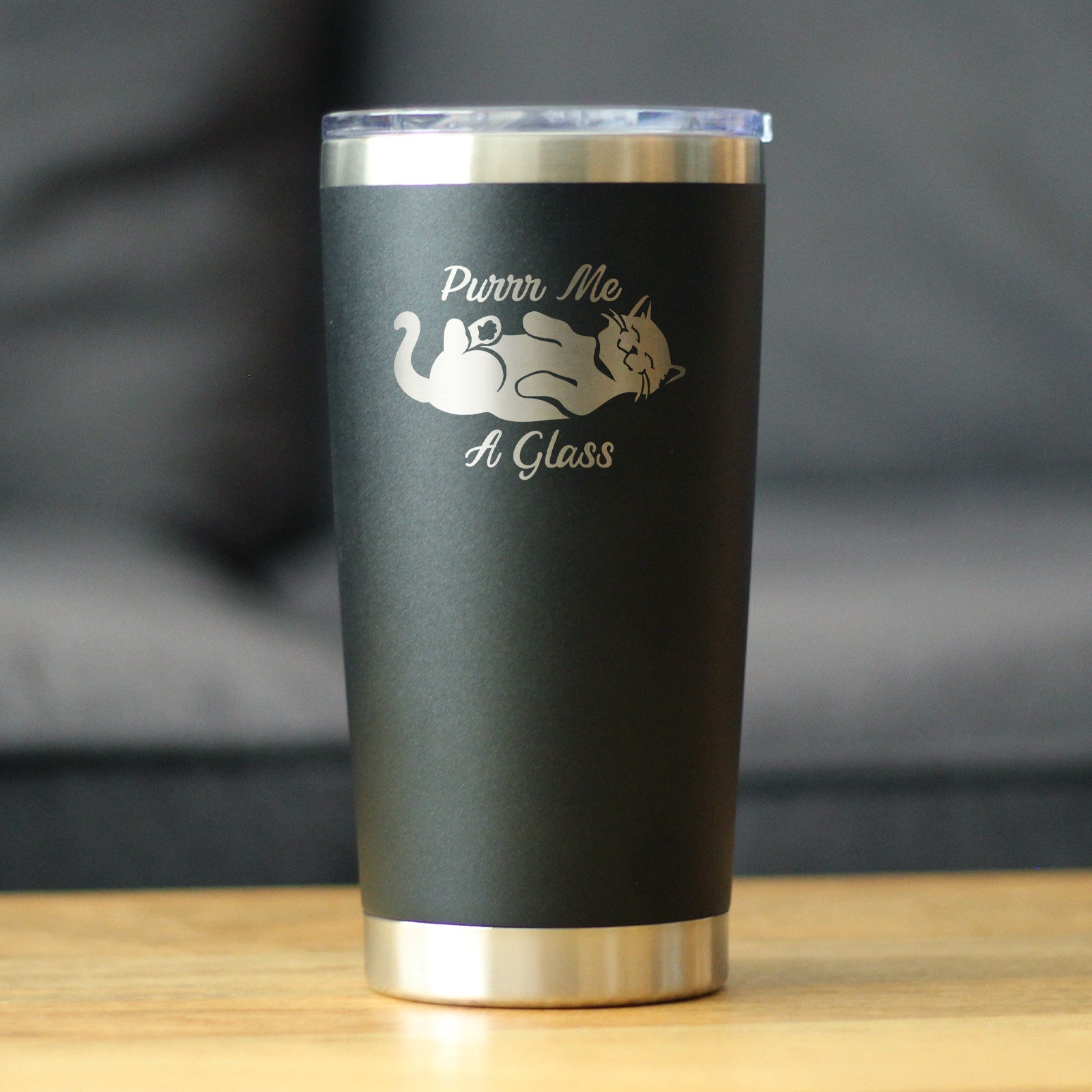 Purr Me A Glass - Insulated Coffee Tumbler Cup with Sliding Lid - Stainless Steel Insulated Mug - Fun Unique Cat Themed Décor and Gifts