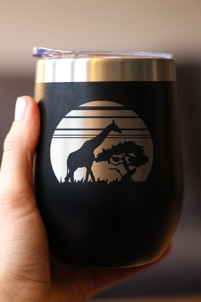 Giraffe Sunset - Wine Tumbler Glass with Sliding Lid - Stainless Steel Insulated Mug - Unique Safari Gifts for Women and Men