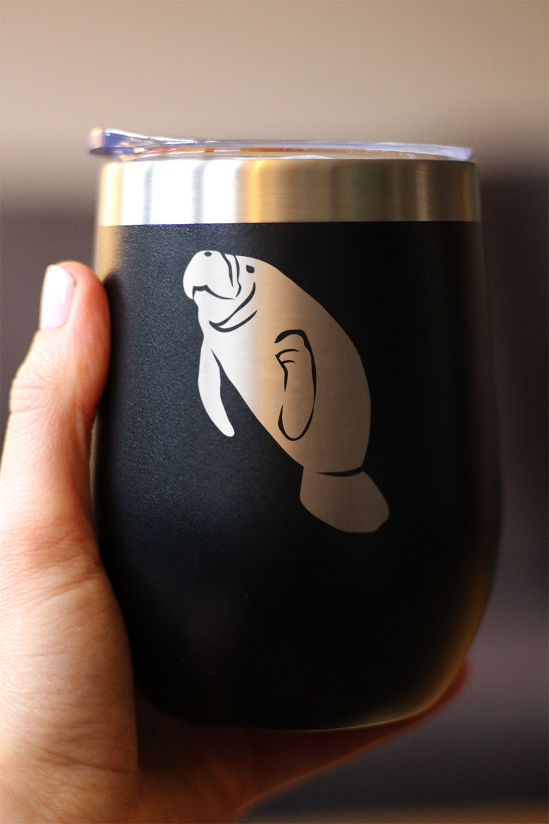 Manatee - Wine Tumbler Glass with Sliding Lid - Stainless Steel Insulated Mug - Manatee Gifts Women and Men Beach Lovers