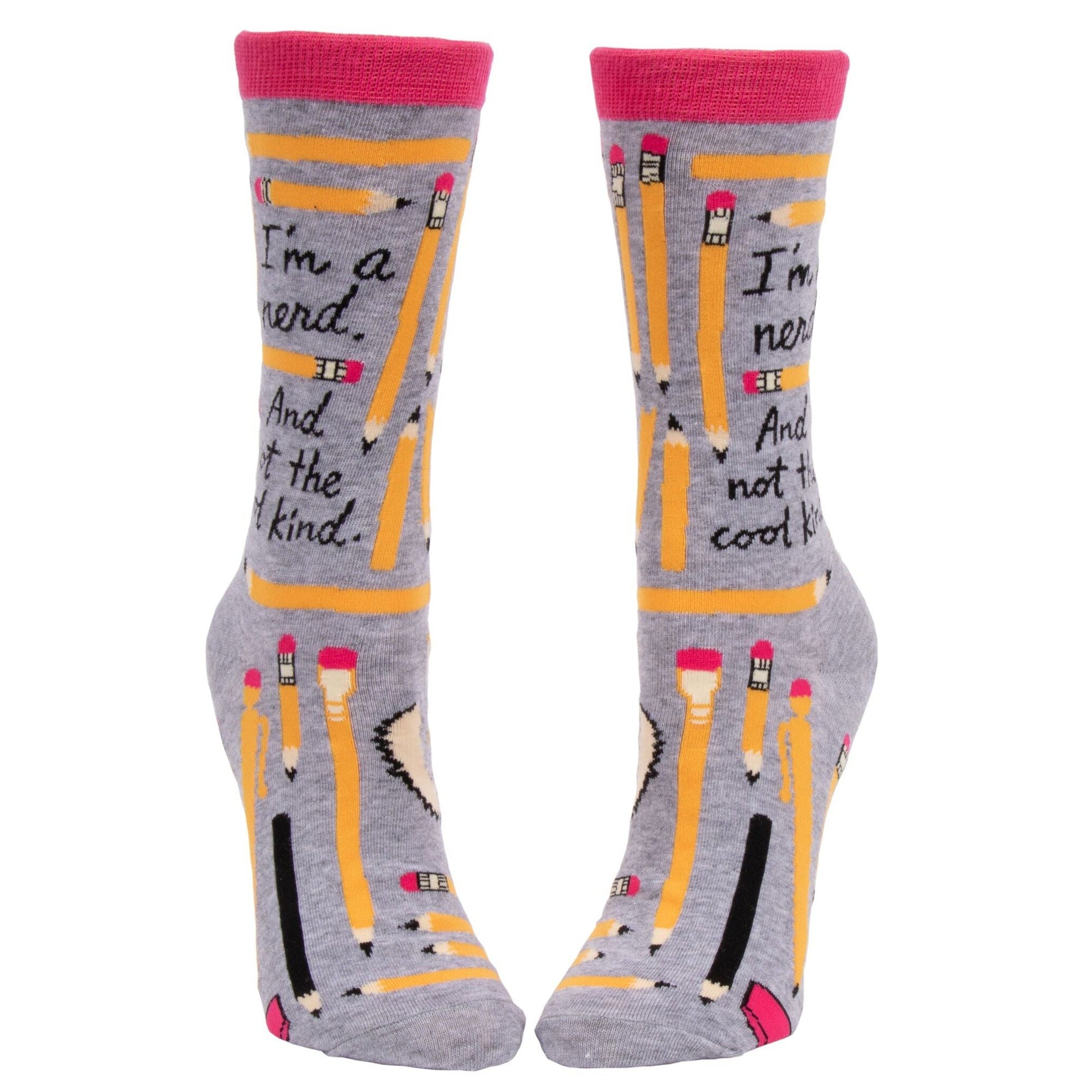 I'm A Nerd and Not the Cool Kind Women's Crew Socks in Heather Gray and Pink | BlueQ at GetBullish