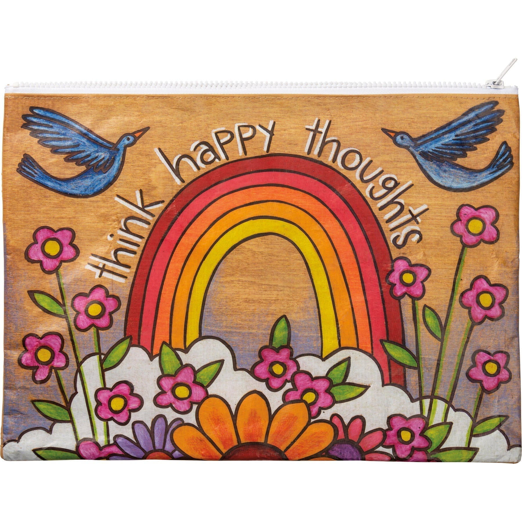 Jumbo Pouch Think Happy Thoughts Zipper Folder in Rainbow and Flowers Design | Organizer Pouch Recycled Material | 14.25" x 10"