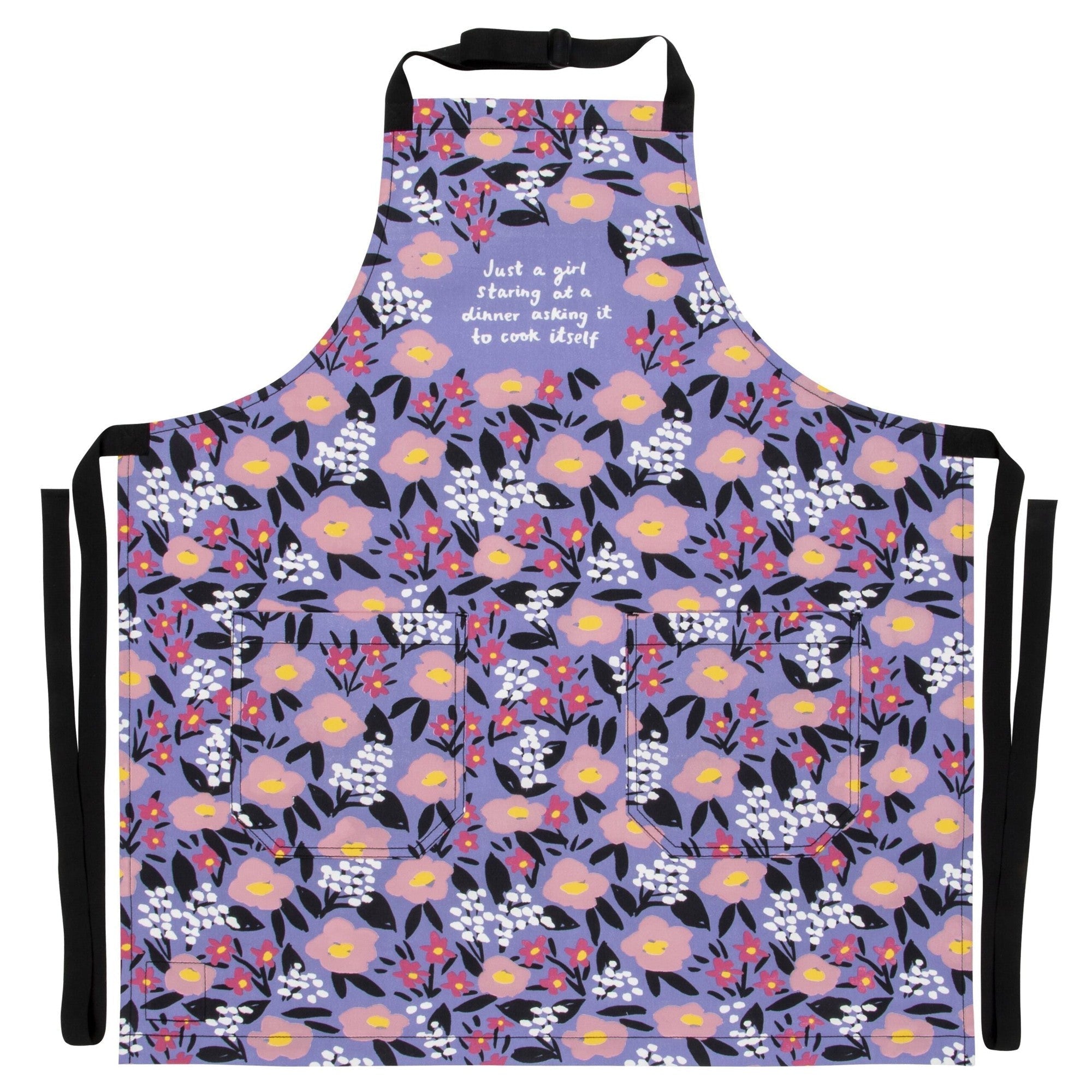 Just A Girl Staring At A Dinner Asking It To Cook Itself Funny Cooking and BBQ Apron 2 Pockets Adjustable Strap 100% Cotton | BlueQ at GetBullish